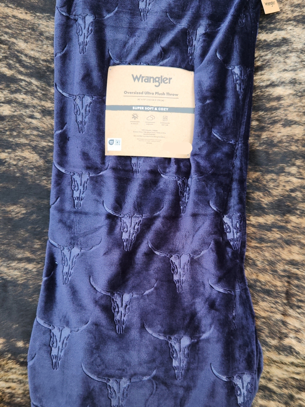 Wrangler Plush Throw Blanket - Deep Navy with Steer Skull Emboss